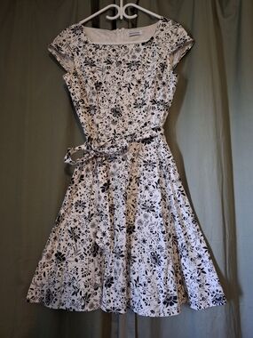 Classic Black & White Floral Midi Dress with Tie Waist